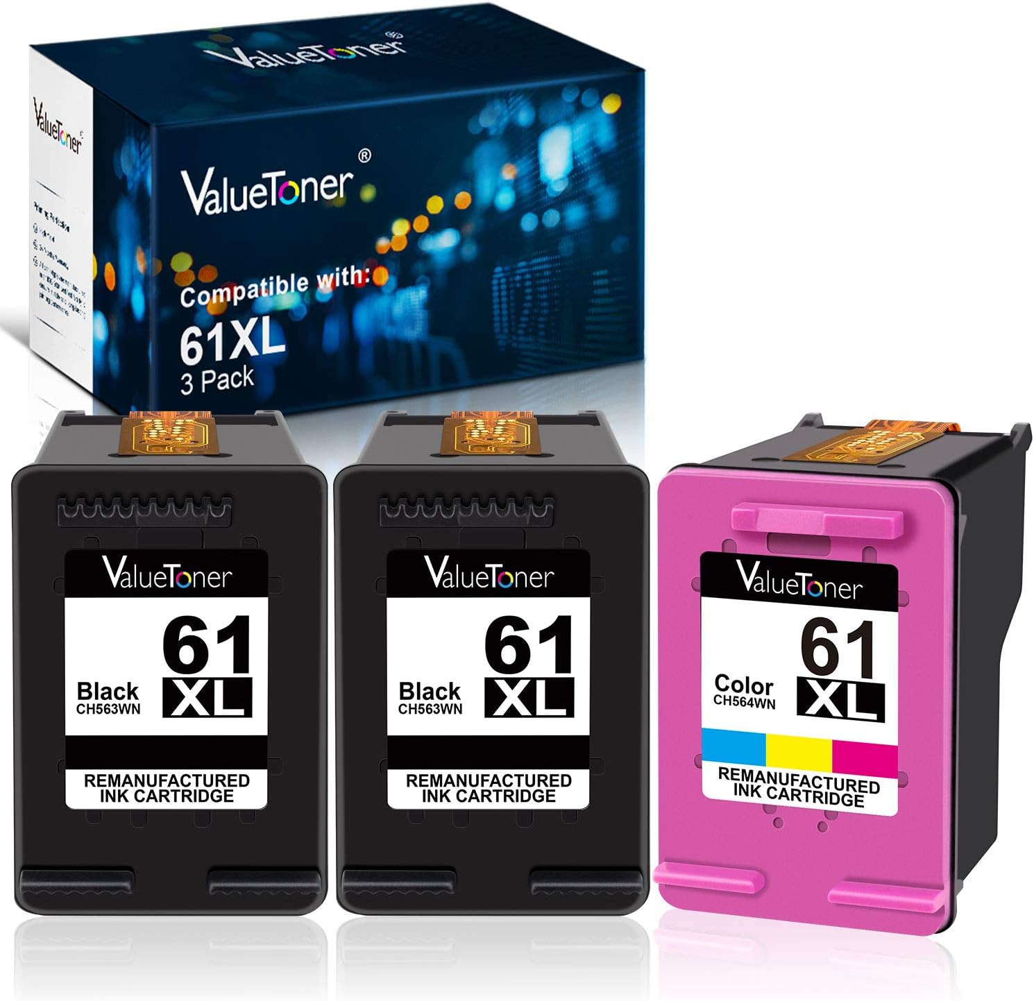 Valuetoner Remanufactured Ink Cartridge Replacement for HP 61XL 61 XL High Yield Used in Envy 4500 5530, Deskjet 2540 1510 1000 1010, Officejet 4630 2620 4635 Printer (2 Black, 1 Tri-Color)