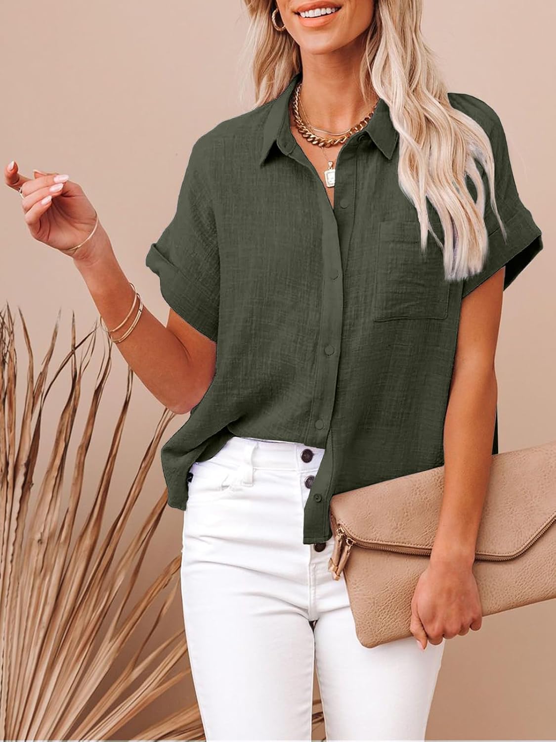 Womens Cotton Linen Button Down Shirts Short Sleeve Dress Shirts Casual Summer Tops Blouses with Pockets - Image 2