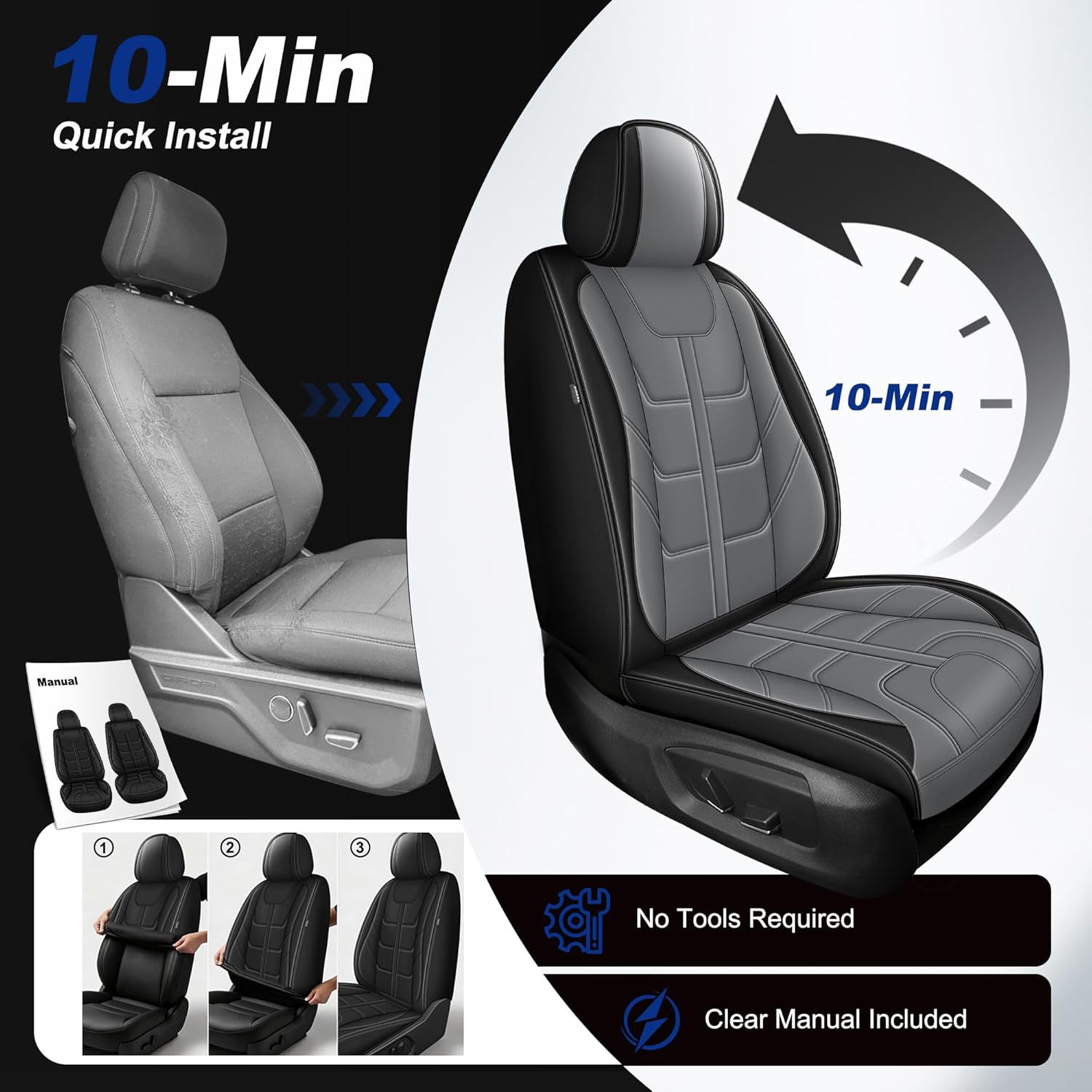 YORKNEIC Fit for Chevy Silverado GMC Sierra 1500 2500 3500 2007-2026 Faux Leather Waterproof Car Seat Covers for Truck Crew Cab LT LZT (Full Set, Black&Grey)