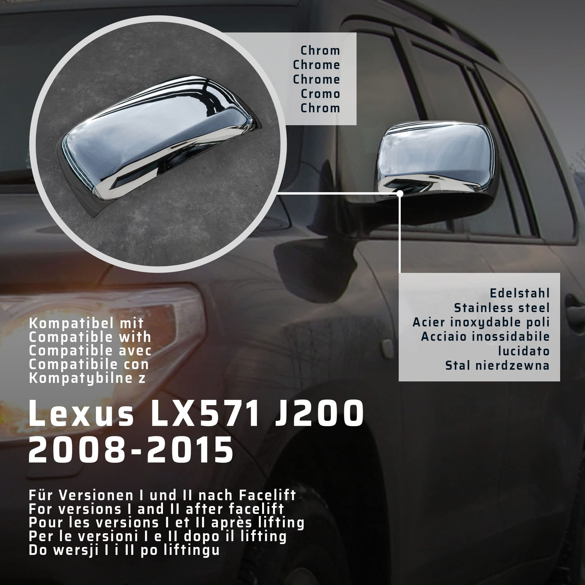 CHROMEMASTER | Nakładki na Lusterka Zewnętrzne | Kompatybilne z Lexus LX571 J200 2008-2015 | Stal nierdzewna; Osłony Lusterek to Niepowtarzalny Wygląd Auta i Ochrona Przed Uszkodzeniem