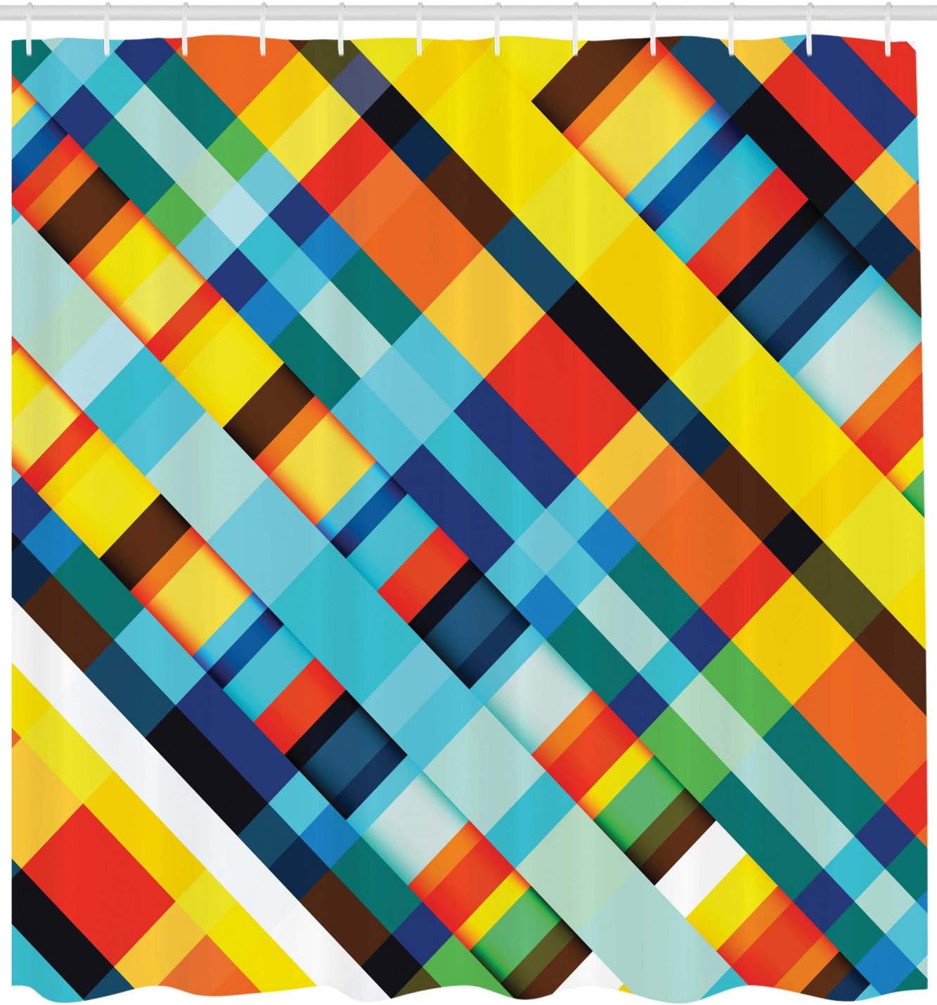 Ambesonne Colorful Shower Curtain, Vivid Colored Lines Stripes Diagonal Elements Retro Layout Modern Touch, Cloth Fabric Bathroom Decor Set Hooks, 69" W x 70" L, Yellow Soft Blue Vermilion