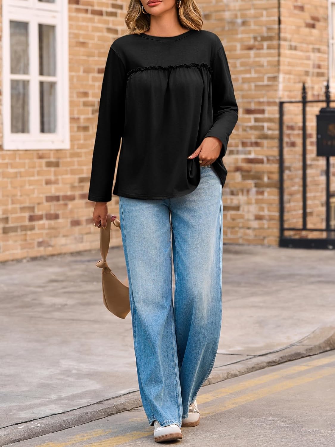 Cicy Bell Womens Babydoll Tunic Tops Pleated Long Sleeve Crew Neck Peplum Shirts Casual Loose Fit Flowy Blouse - Image 5