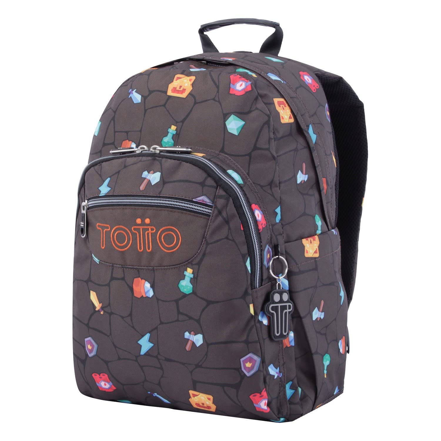 TOTTO - Mochila Escolar Adaptable a Carro, Modelo Acuareles, Capacidad 20 L, Bolsillo para Pc 14", 2 Bolsillo Botella, Espaldar Ergonómico con Flujo de Aire, Correas en S, Estampado Videojuegos