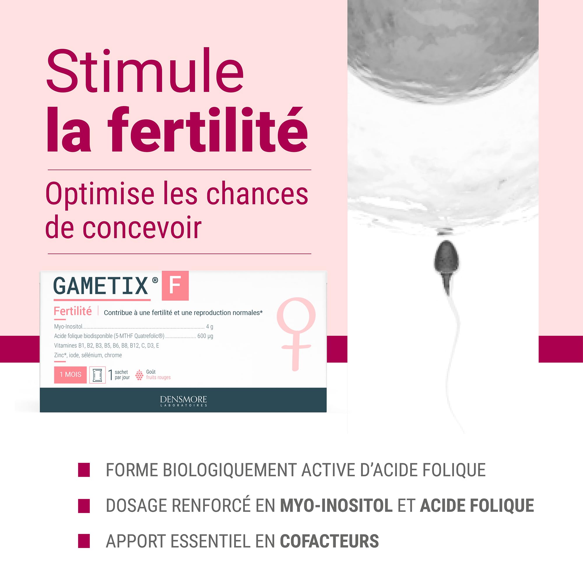 Densmore - Cure de 3 mois - GAMETIX F - Fertilité femme et Grossesse - Complément Alimentaire à base Vitamines et Minéraux, Myo-Inositol, Acide Folique - 90 sachets - Fabriqué en France