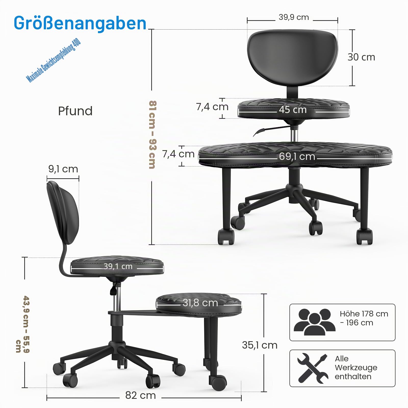 HOMRELEXA Bürostuhl mit Kreuzbeinen, 360° drehbar, Ergonomischer Kniestuhl, Criss Cross Schreibtischstuhl mit Verstellbarer Höhe, ADHS-Meditationsstuhl mit Rückenstütze, PU-Schräge Karos, Schwarz