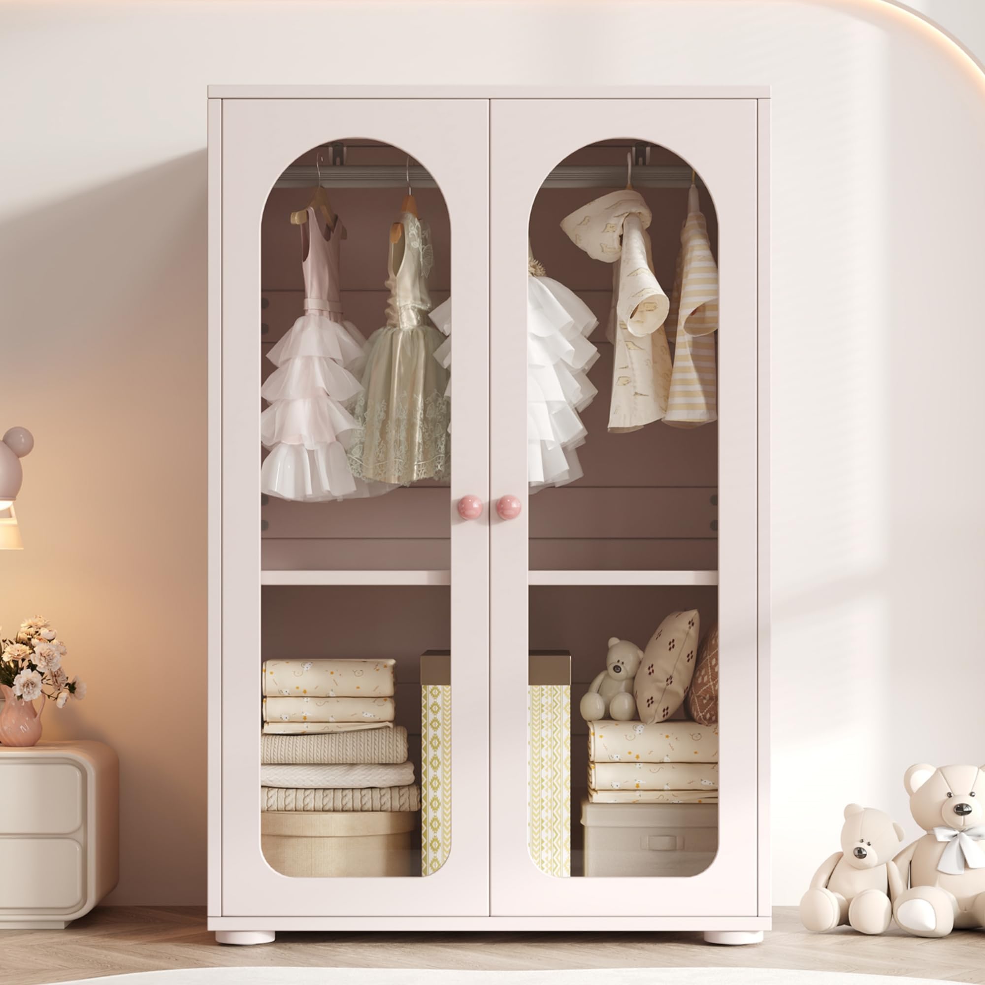 Merax Kinderkleiderschrank 2-türig, Kleiderschrank für Kinderzimmer mit Kleiderstange & verstellbaren Einlegeböden, Kinderschrank, Aufbewahrungsschrank mit Acryl-Sichtfenster, 80x50x120cm, Babyrosa