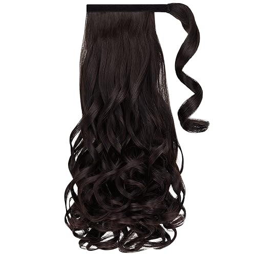 Miniatura 6 de SYXLCYGG Extensión de cola de caballo envolvente con clip marrón de 16 pulgadas, 4.2 onzas, extensiones de cabello negro sintético para niña, peluca