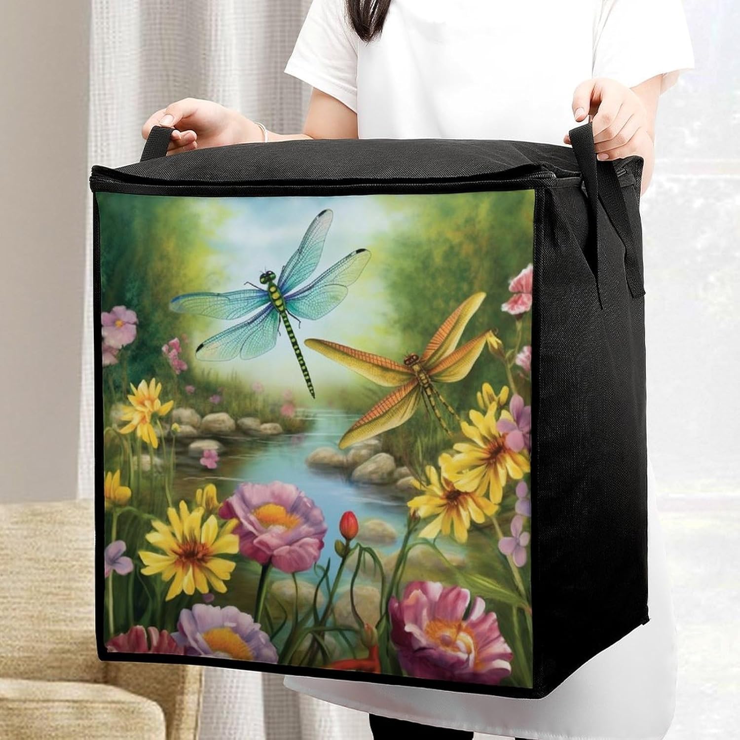 Quilt Storage Bag,Dragonfly Garden Spring Printed Large Foldable Storage Container Portable Travel Storage Bag for Blankets, Quilts, Clothes, Comforter, Bedding And Pillows