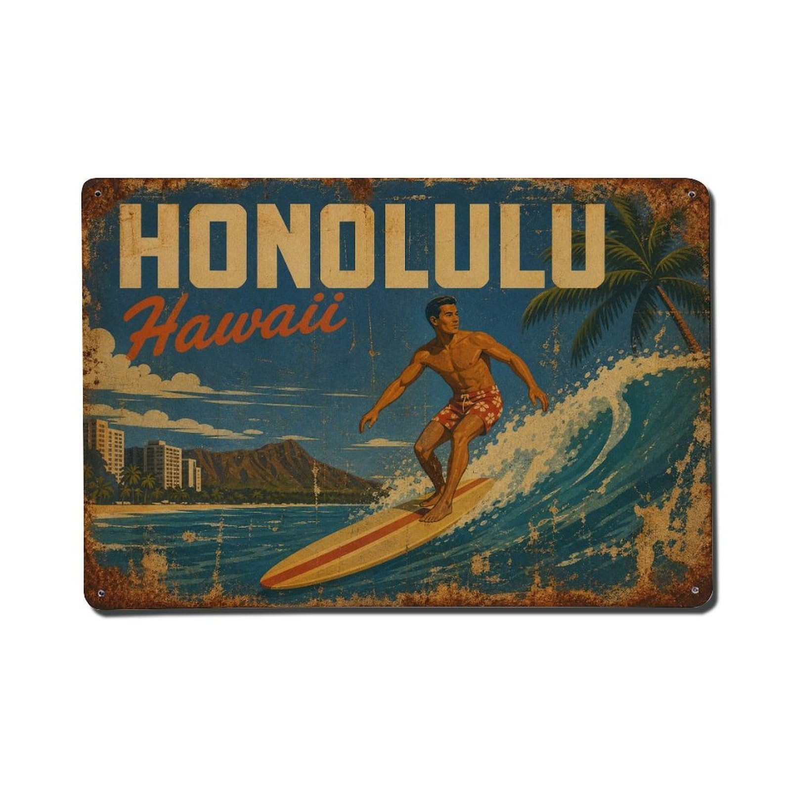 Huiyhb 8X12inch(20X30cm) Vintage Travel Honolulu Hawaii Surfing Metal Tin Sign