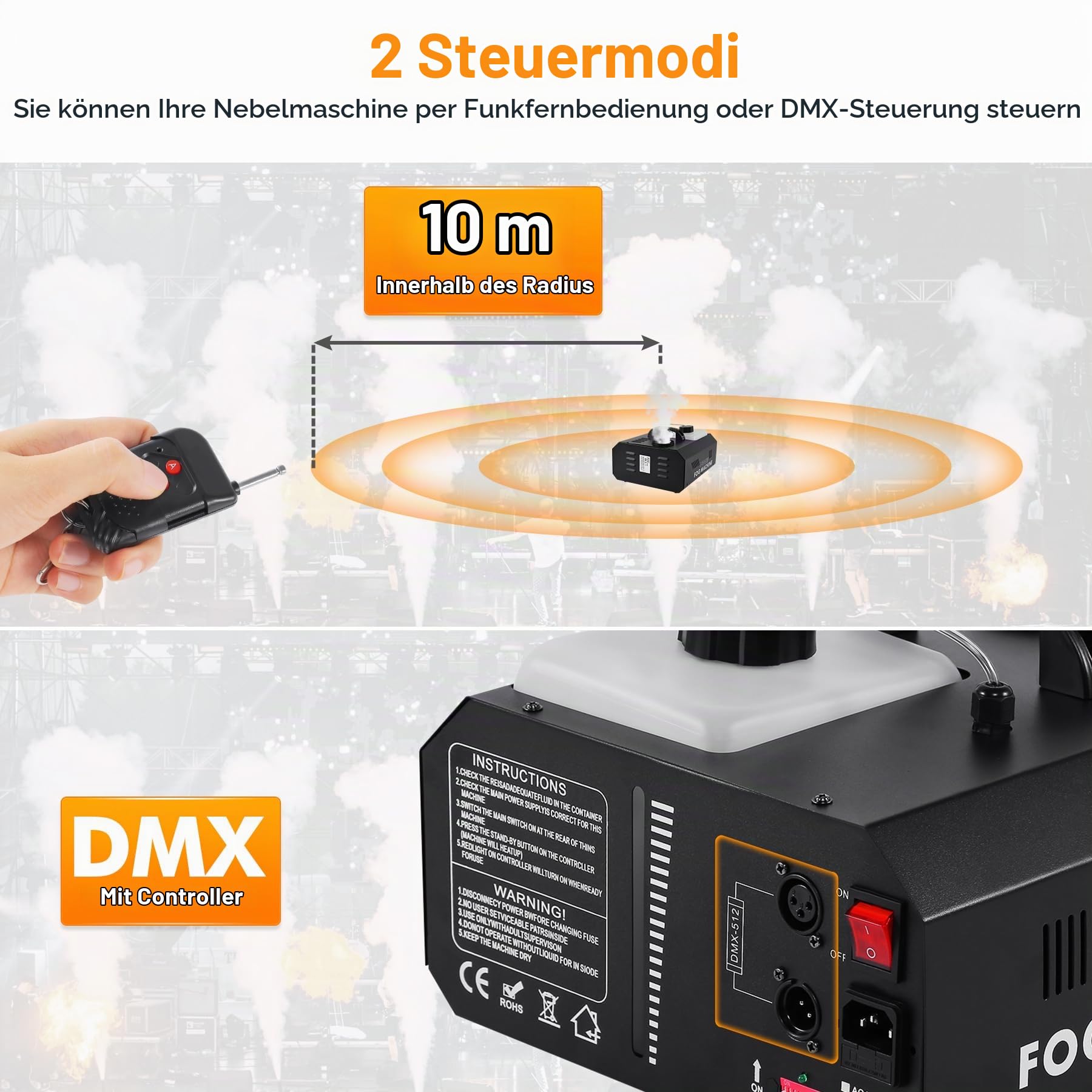 1500W Nebelmaschine mit DMX Funktion, Tragbare Effektmaschine ideal für DJ Auftritte, Disco, Party, Halloween, Hochzeiten, Weihnachten und weitere Veranstaltungen - 2 Stück
