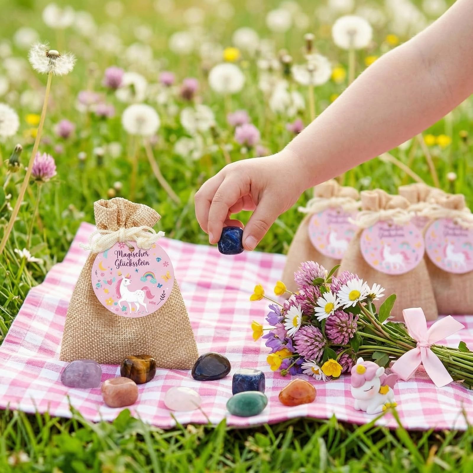 42 Pezzi Pietre Portafortuna Per Bambini – 14 Pietre Colorate + Sacchetti Iuta E Etichette Animali Foresta