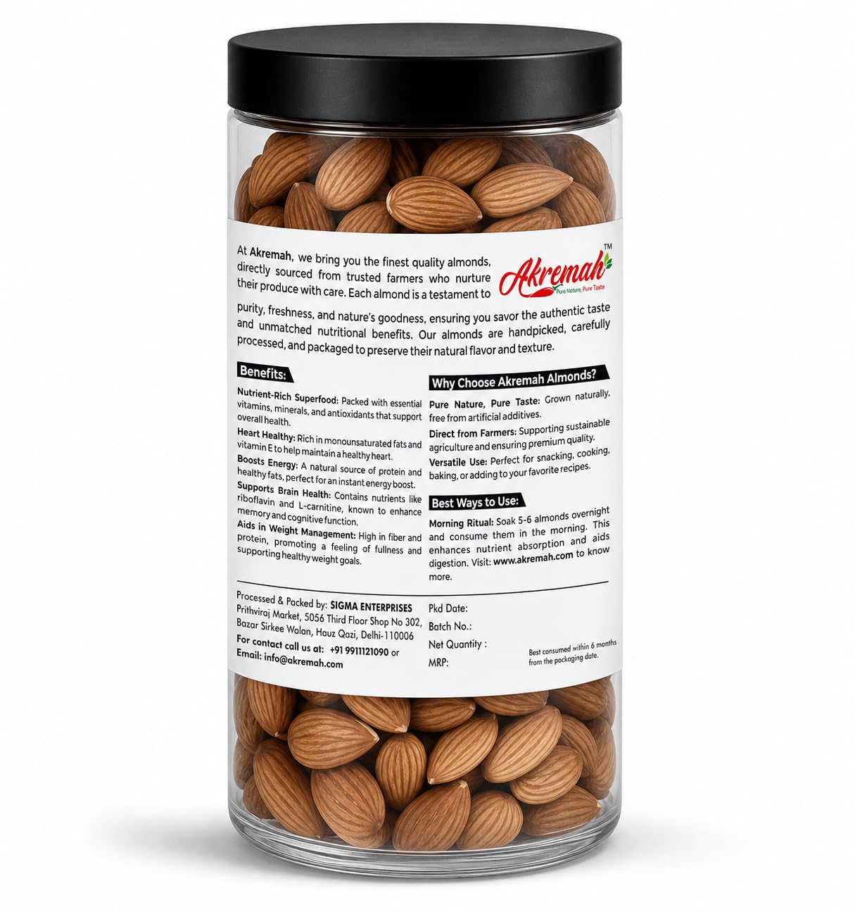 Akremah Premium California Almonds (Badam) 250g | Whole, Raw & 100% Natural  | Crunchy, Fresh & Energy Boosting