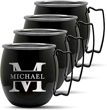 Personalized Custom Smooth Finish Black Moscow Mule Mugs with Custom Traditional Monogram Engraved Bar Style Cup, 16 oz | Set of 4