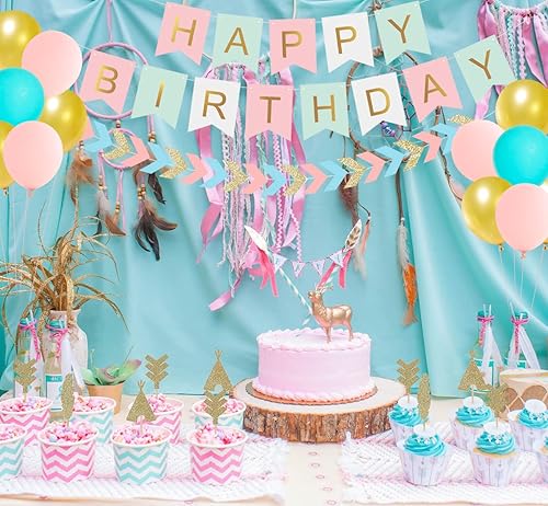 Miniatura 3 de Paquete de decoración Young Wild y tres banderines de flecha con purpurina verde, rosa, amarillo, flecha, feliz cumpleaños, decoración dorada para