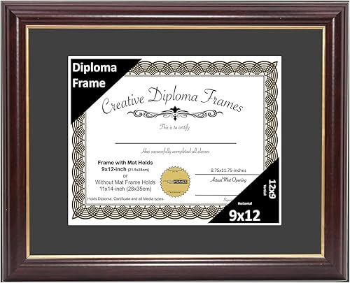 Vista 226 de Creative Picture Frames Marco de diploma de borde dorado caoba de 12 x 16 pulgadas con vidrio negro y colgadores de pared instalados, marco
