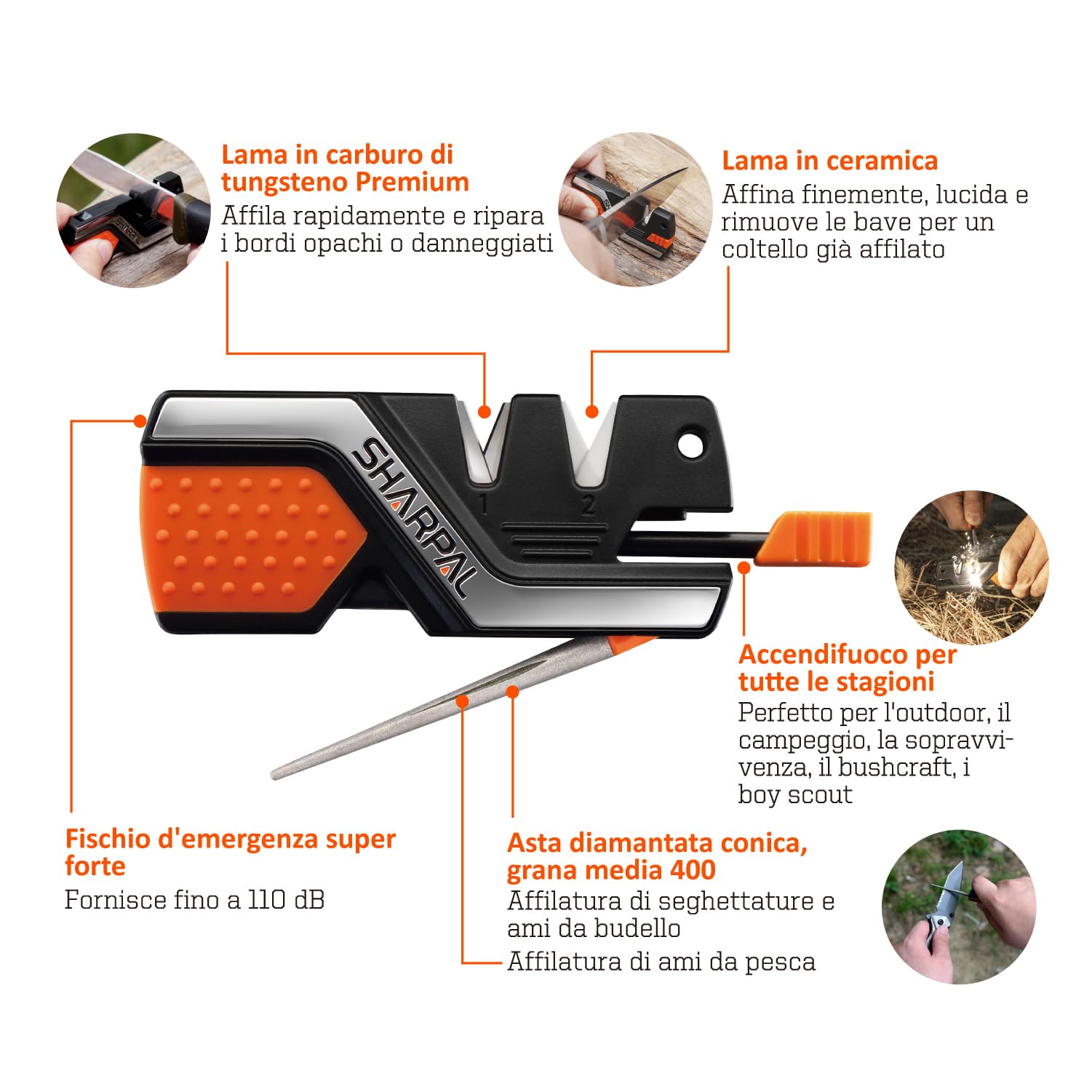 SHARPAL 101N 6 in 1 Portatile Affilacoltelli con Accendifuoco, Fischietto e Barra Affilatrice Diamantata, Risanare e Levigare Rapidamente Lame Dritte e Dentellate