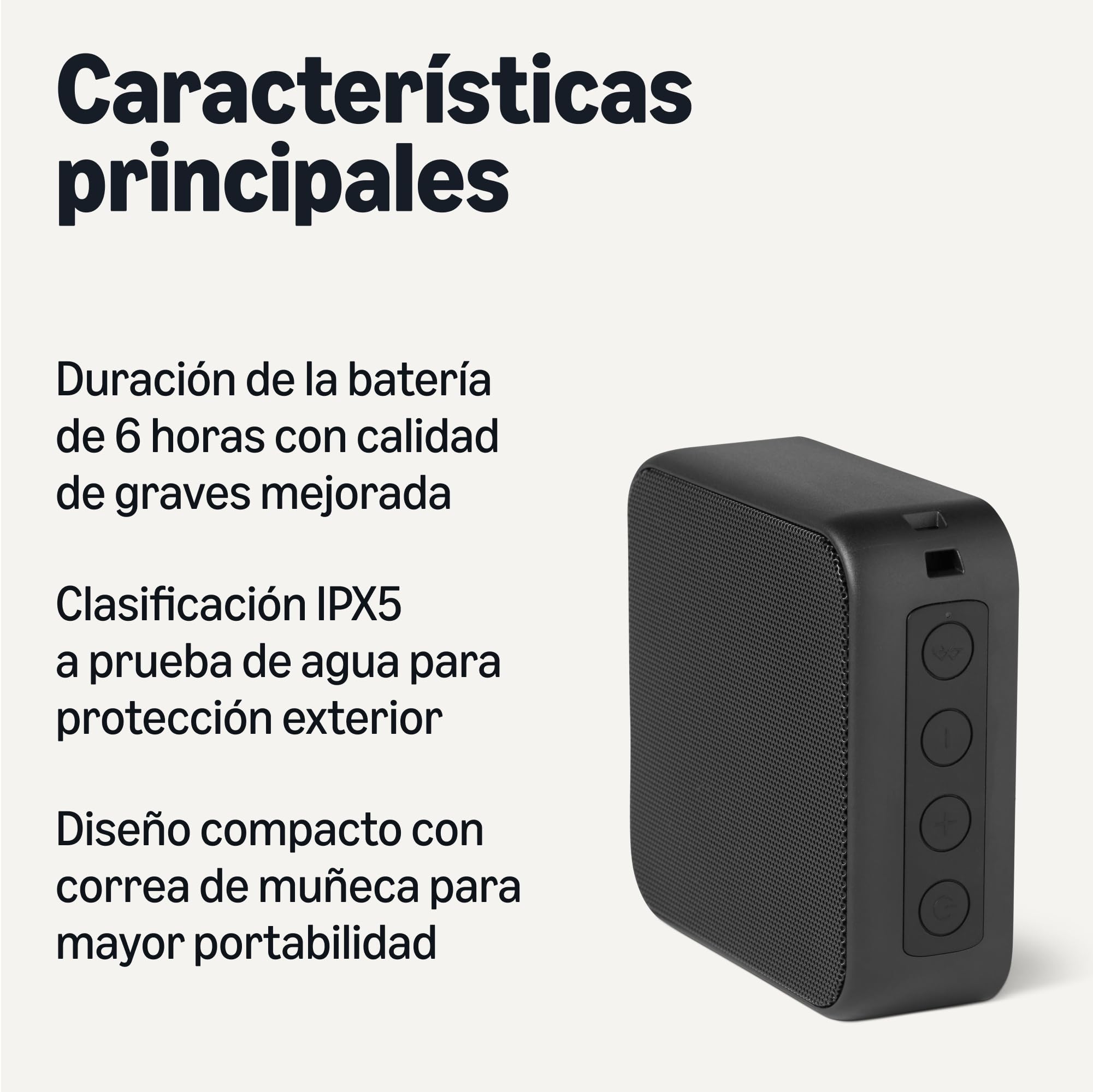 Amazon Basics, Altavoz Bluetooth 5.3 inalámbrico portátil, Compacto, 6 Horas de Funcionamiento, Resistente al Agua IPX5, Recargable, Graves mejorados, para Interiores y Exteriores, Negro — view 2