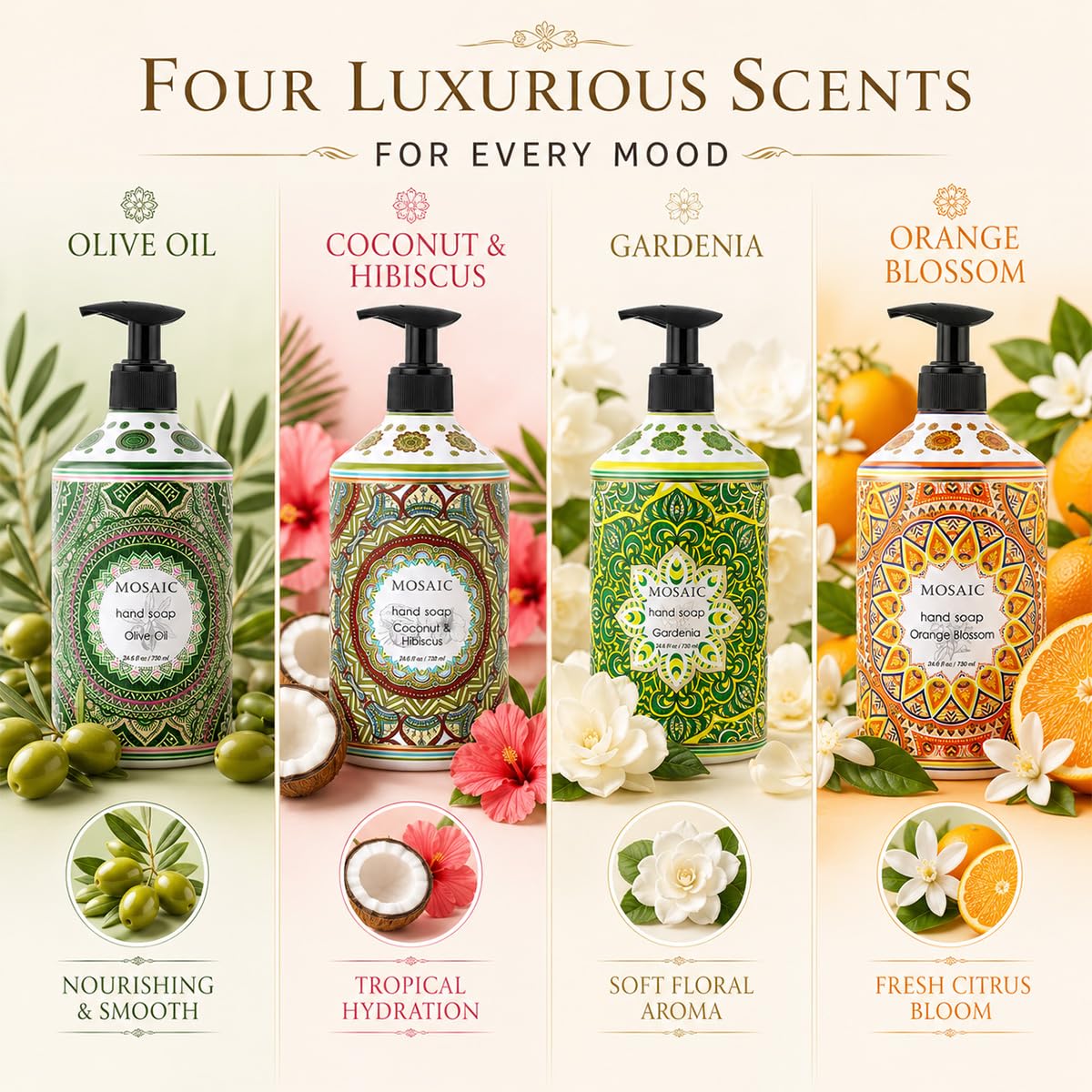 Mosaic - Juego de jabón líquido para manos y jabón de manos, ideal para baño y cocina, aceite de oliva + coco e hibisco + Gardenia + flor de naranja, 4 x 727 ml cada botella de jabón líquido