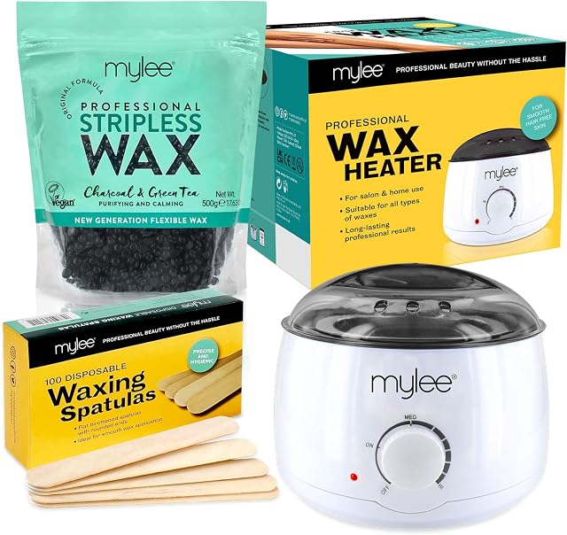 Mylee Professional Waxing Kit with Wax Heater, Hard Wax Beads 500g, Spatulas - Stripless Depilatory Waxing Pellets Solid Film Beans No Strip Needed (Charcoal & Green Tea)