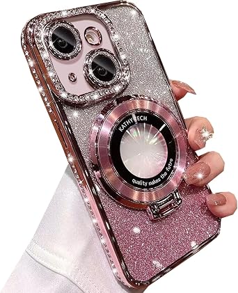Changjia Magnetic Kickstand Glitter Case for iPhone 14, [Compatible with Magsafe] Luxury Bling Sparkly Diamond Rhinestone with Camera Lens Protector Soft TPU Women Girls Case for iPhone 14 6.1" Pink