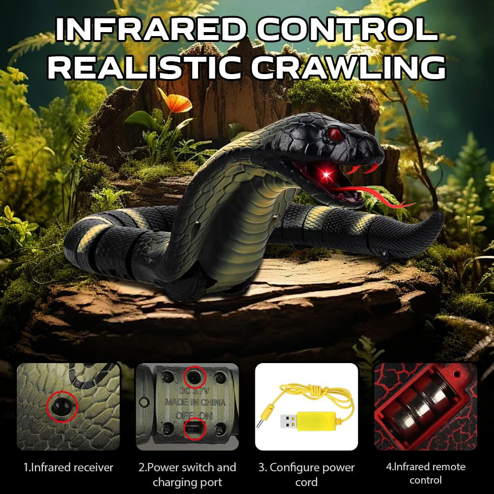 Serpiente teledirigida, RC teledirigido cobra serpiente, serpiente de juguete eléctrico, con mando a distancia, ojos LED brillantes, lengua retráctil