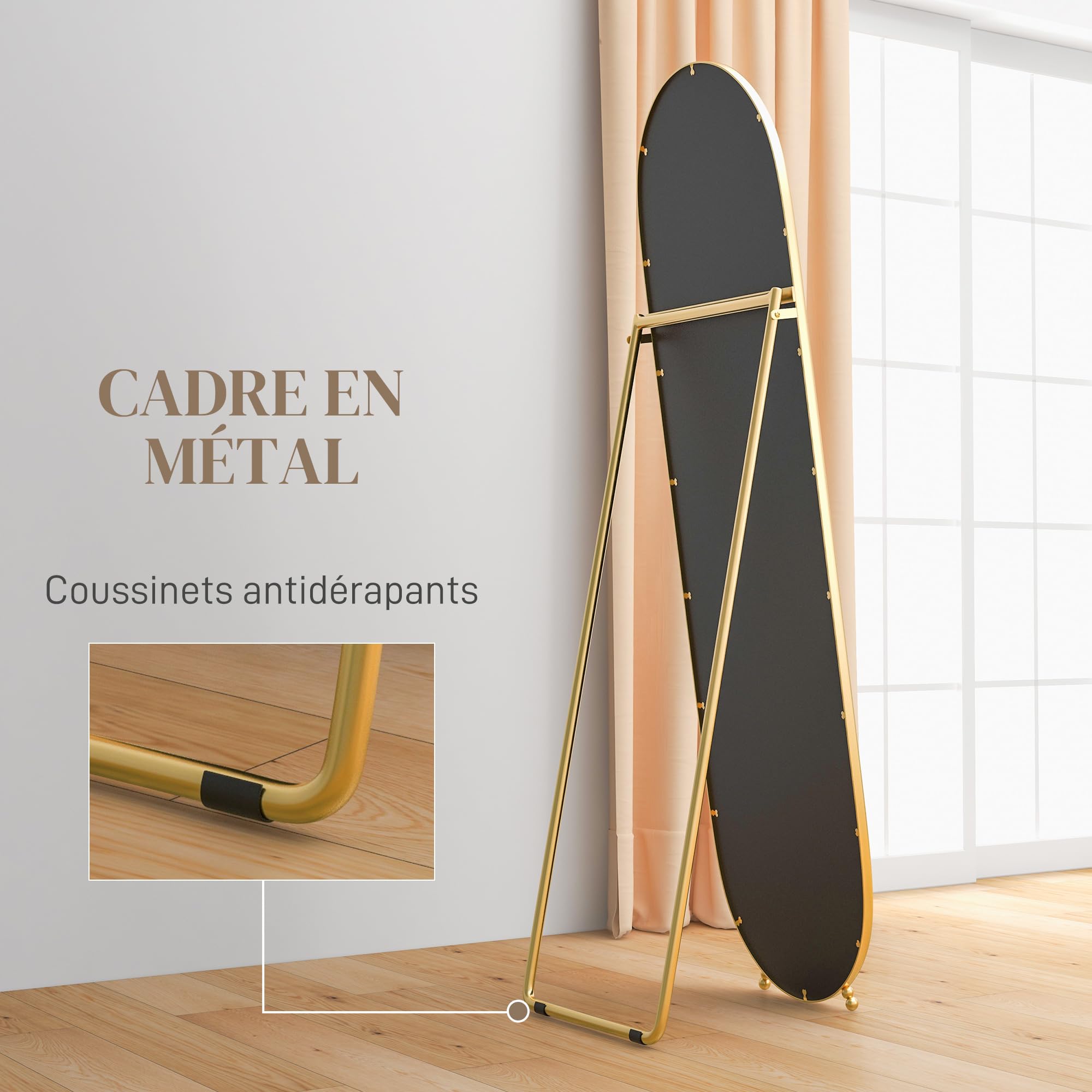 HOMCOM Grand Miroir sur Pied Ovale Cadre en métal doré 40 x 160 cm
