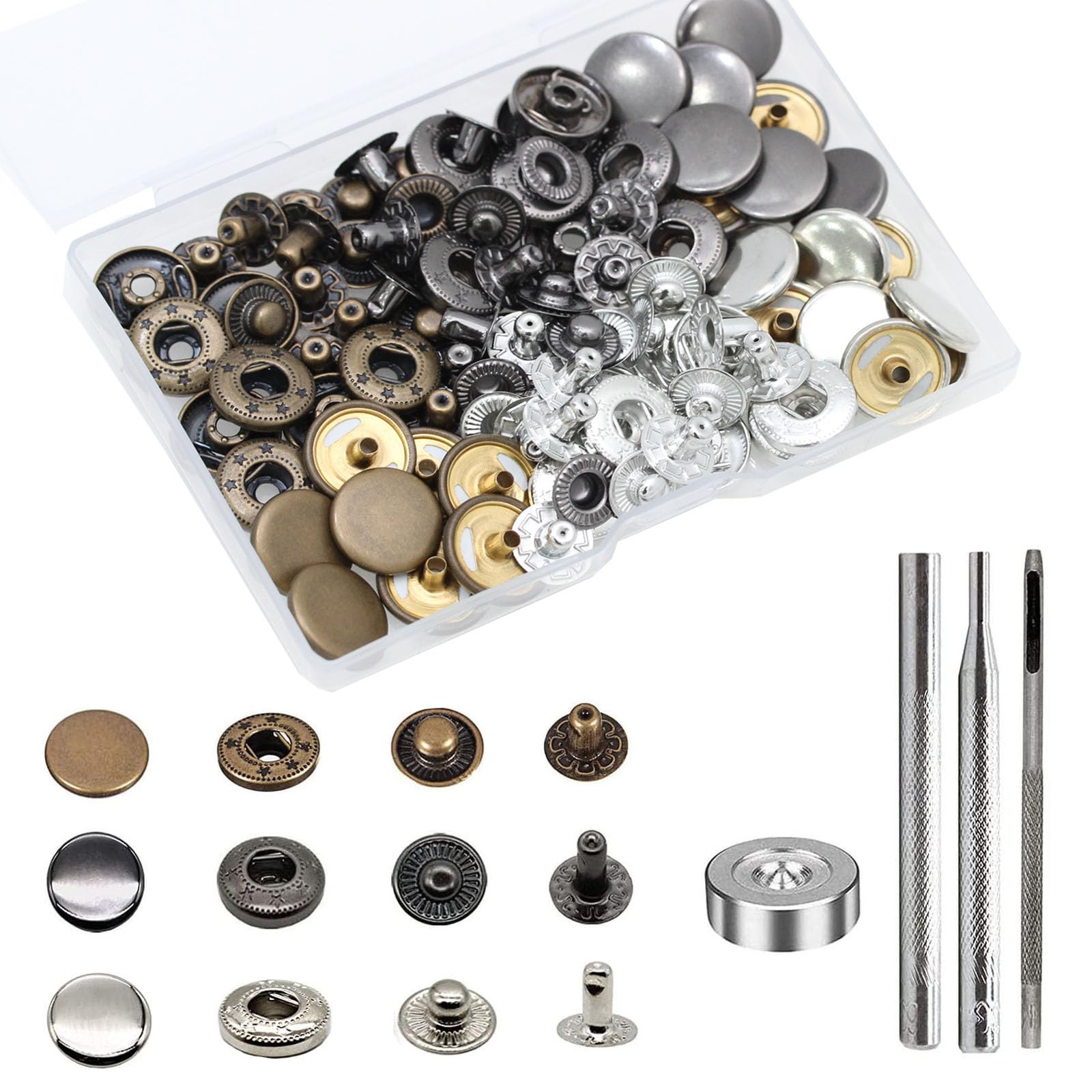 BetterJonny 24 Sets Heavy Duty Leather Snap Fasteners Kit, 15mm Metal Snap Buttons Press Studs Leather Rivets Snaps with 4 Setter Tools for Clothes Bracelet Jackets Jeans, 3 Color — image 1