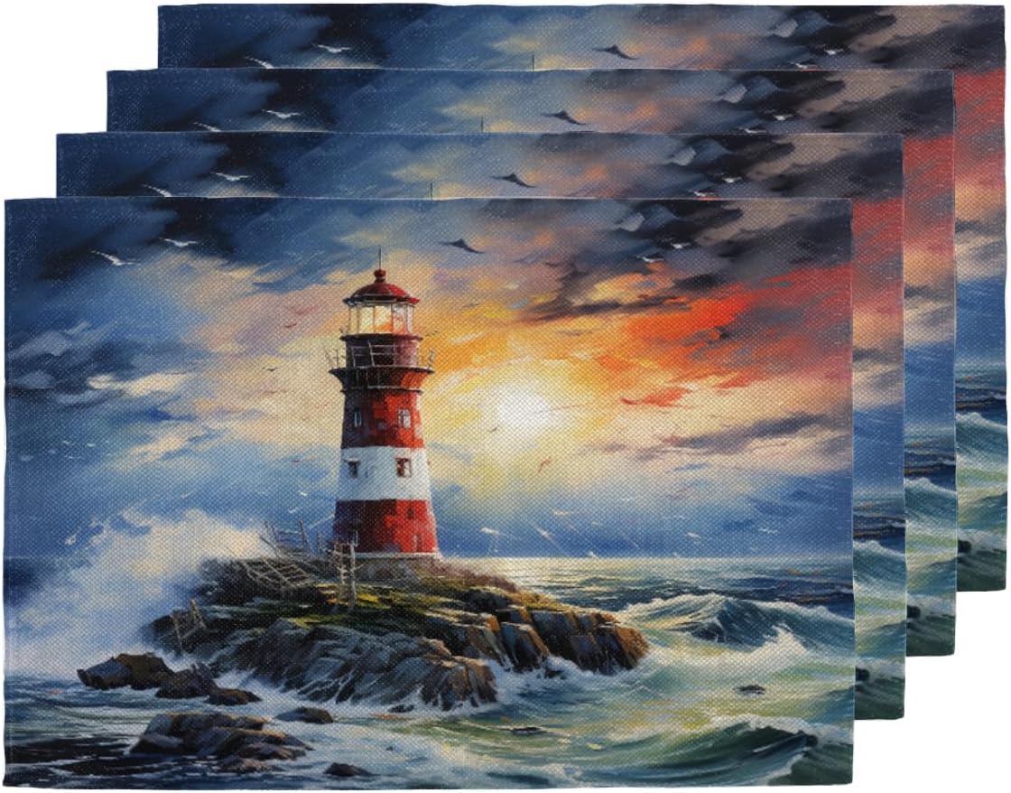 Art Painting Nautical Lighthouse Placemats Set of 4 Decorative Dinner Place Mats Washable Table Mat for Gifts, Holiday, Birthday Party, Wedding & Dining