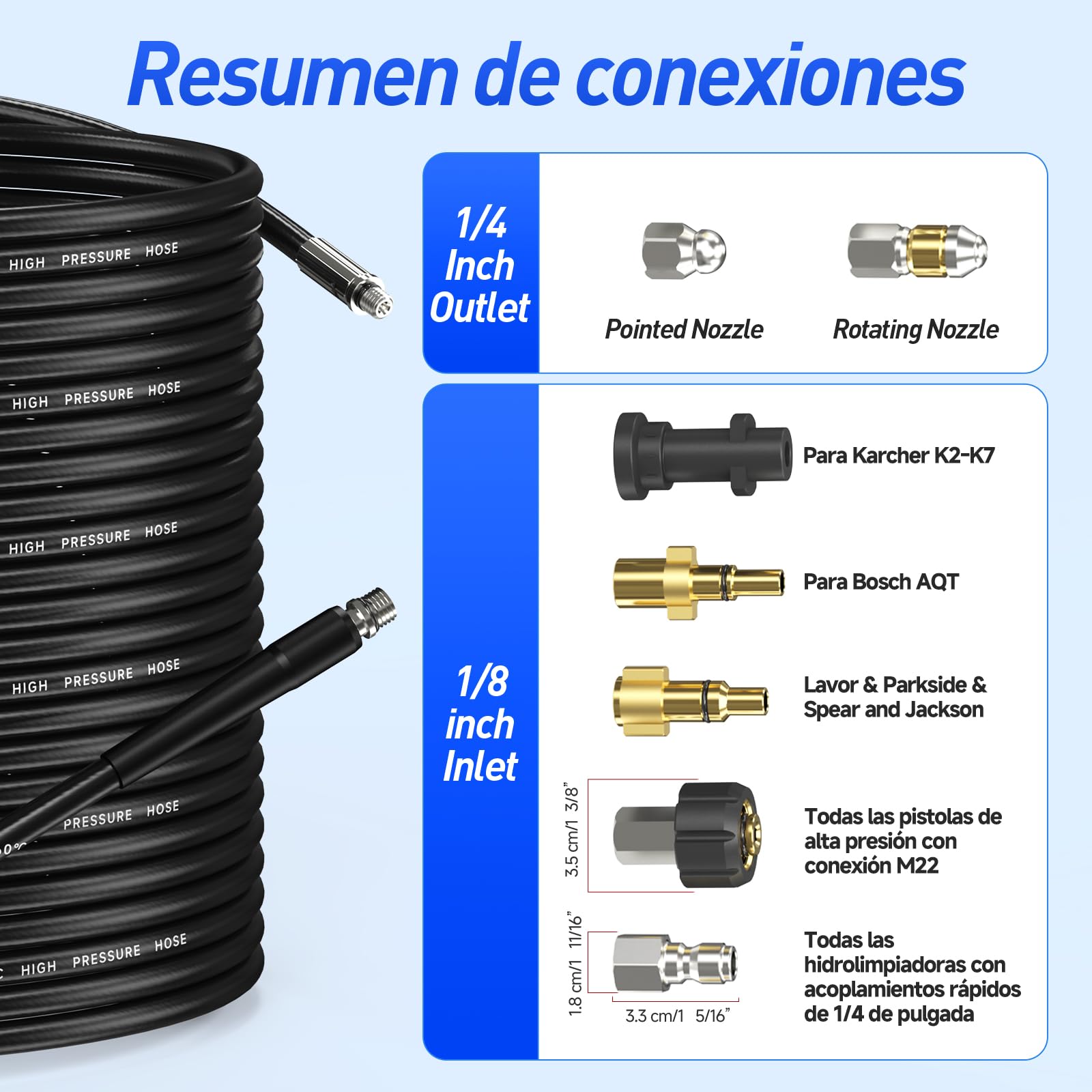 10M Kit de Desatascador Tuberias a Presion con Boquillas Rotativa, Manguera de Limpieza Profesional de Tuberías para Hidrolavadora, Aparato para Karcher Serie K2 K3 K4 K5 K6 K7, Bosch AQT, Lavor