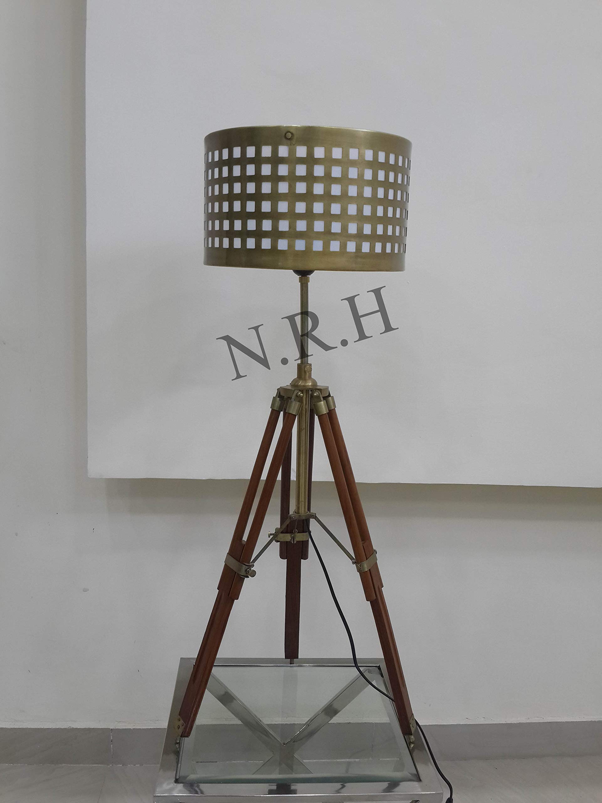 Nautyczny styl vintage drewniany statyw antyczny mosiądz lampa stołowa (z cieniowaniem)