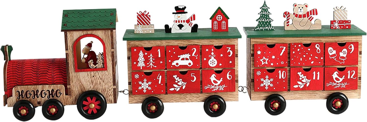 24 Inch Christmas Wooden Advent Calendar Train with 24 Drawers Christmas Countdown Tabletop Decoration PIONEER-EFFORT (Colorful)