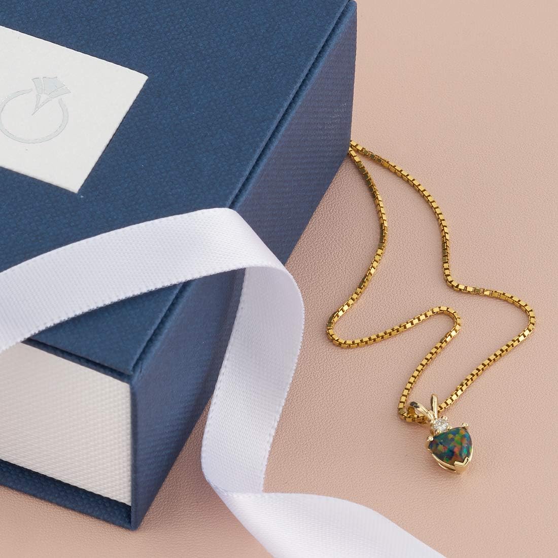PEORA 14K Yellow Gold Created Black Opal with Genuine Diamond Pendant, Heart Shape Solitaire, 6mm, October Birthstone Necklace, Fire Opal Necklace, w/Jewelry Box, For Jewelry Gift & Everyday Wear