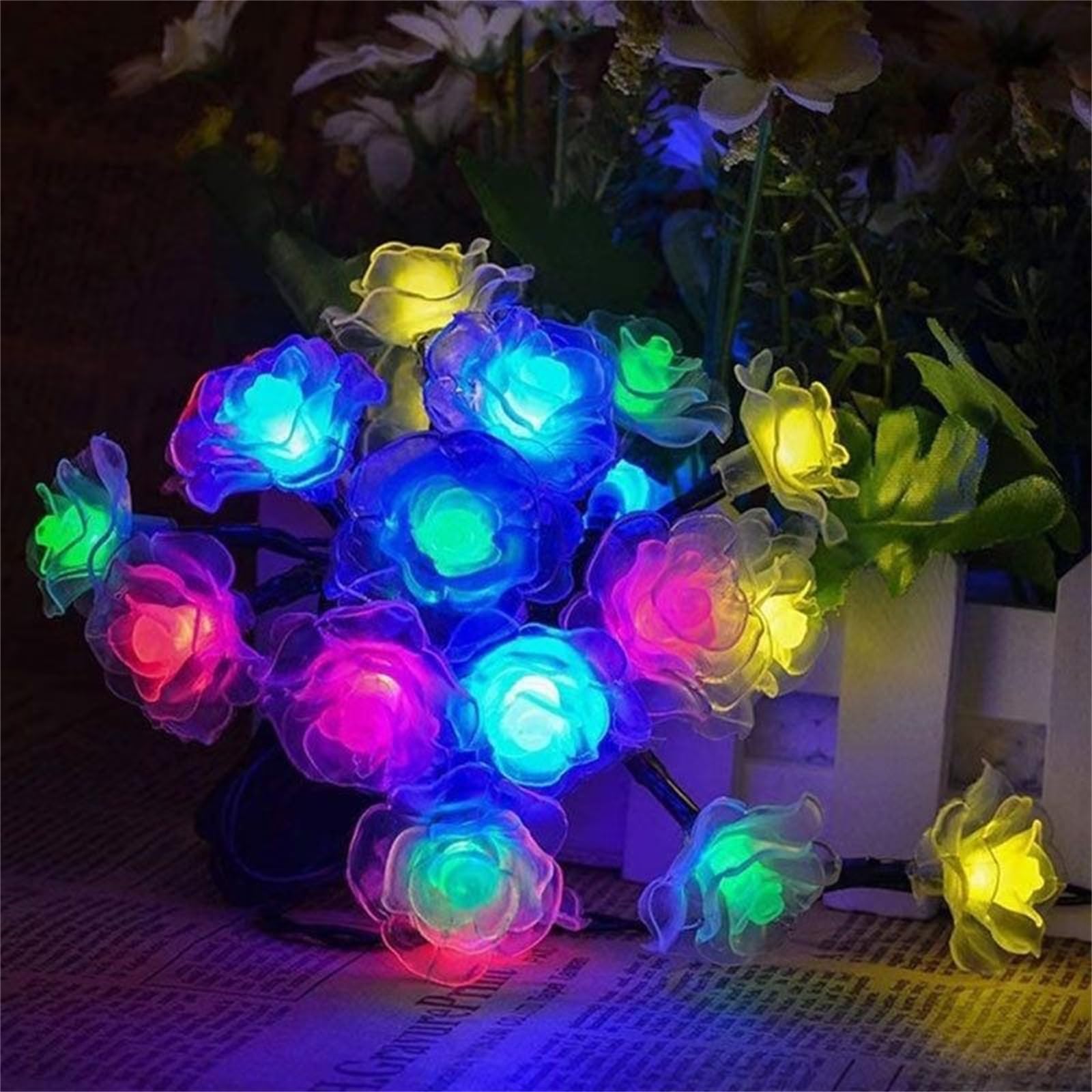 Mateju LED Lichterkette Außen Solar, Solar Lichterkette Aussen mit Fernbedienung 8 Modi Solarlichterkette Outdoor für Innen, Garten, Terrasse, Balkon, Hochzeit (Bunte Rosen,32M/300LED)