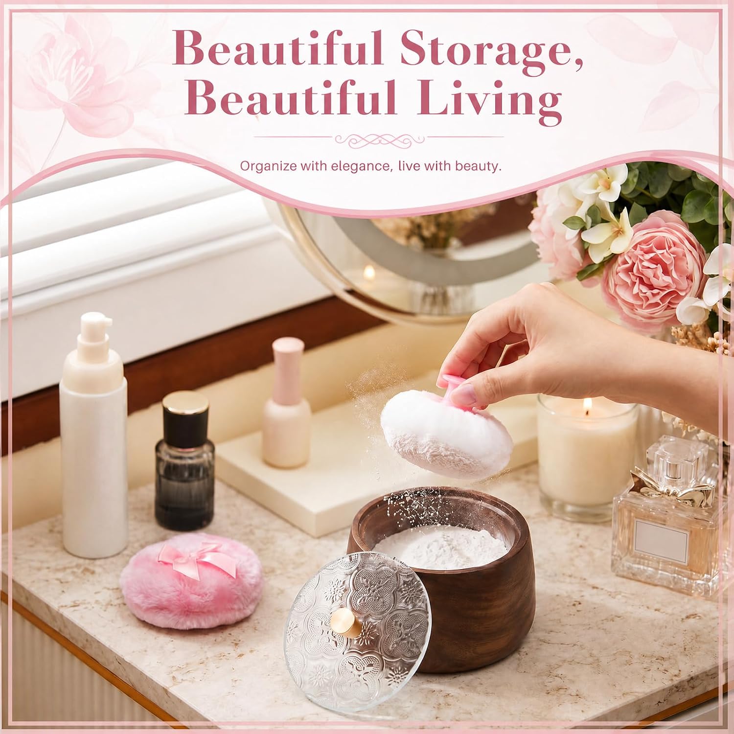 300ml Body Powder Container with 2 Velvet Puffs, Wooden Dusting Powder Jar
