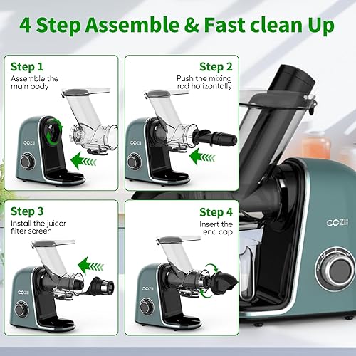 Miniatura 6 de COZII Exprimidor de prensa en frío, exprimidor de masticación lenta sin obstrucciones, modo suaveduro y motor silencioso, canal de alimentación