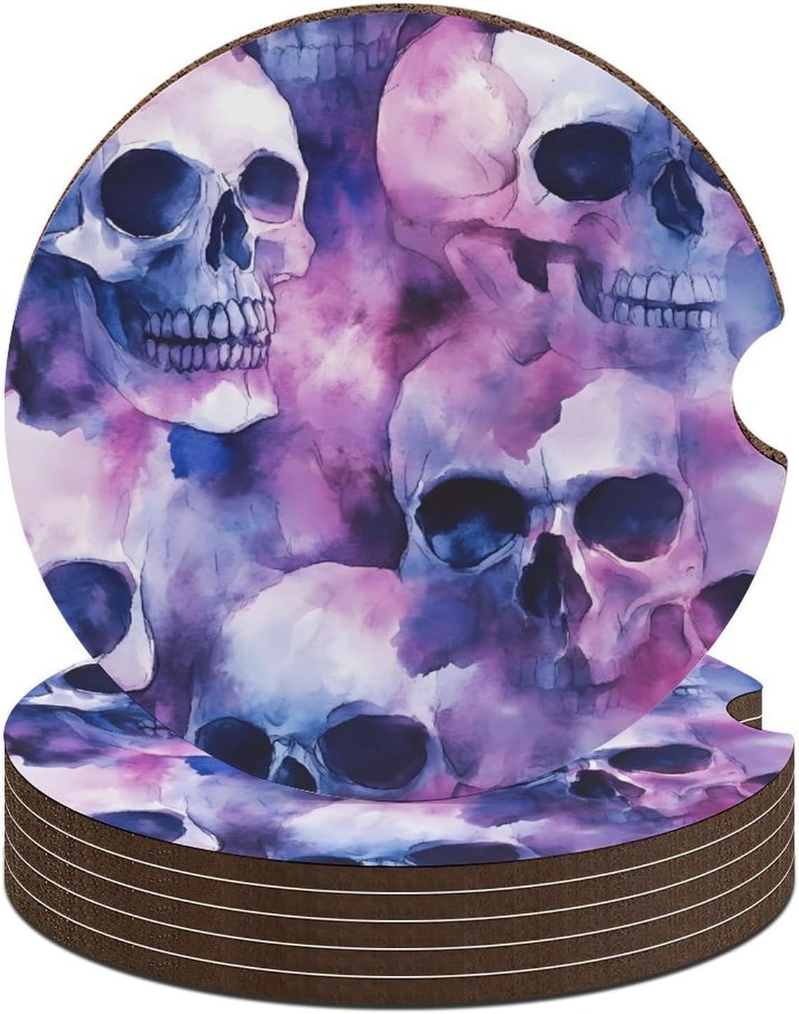 Watercolor Skulls Cute Car Coasters 2.56 Inch Absorbent Cup Holder for Drinks Auto Interior Accessories
