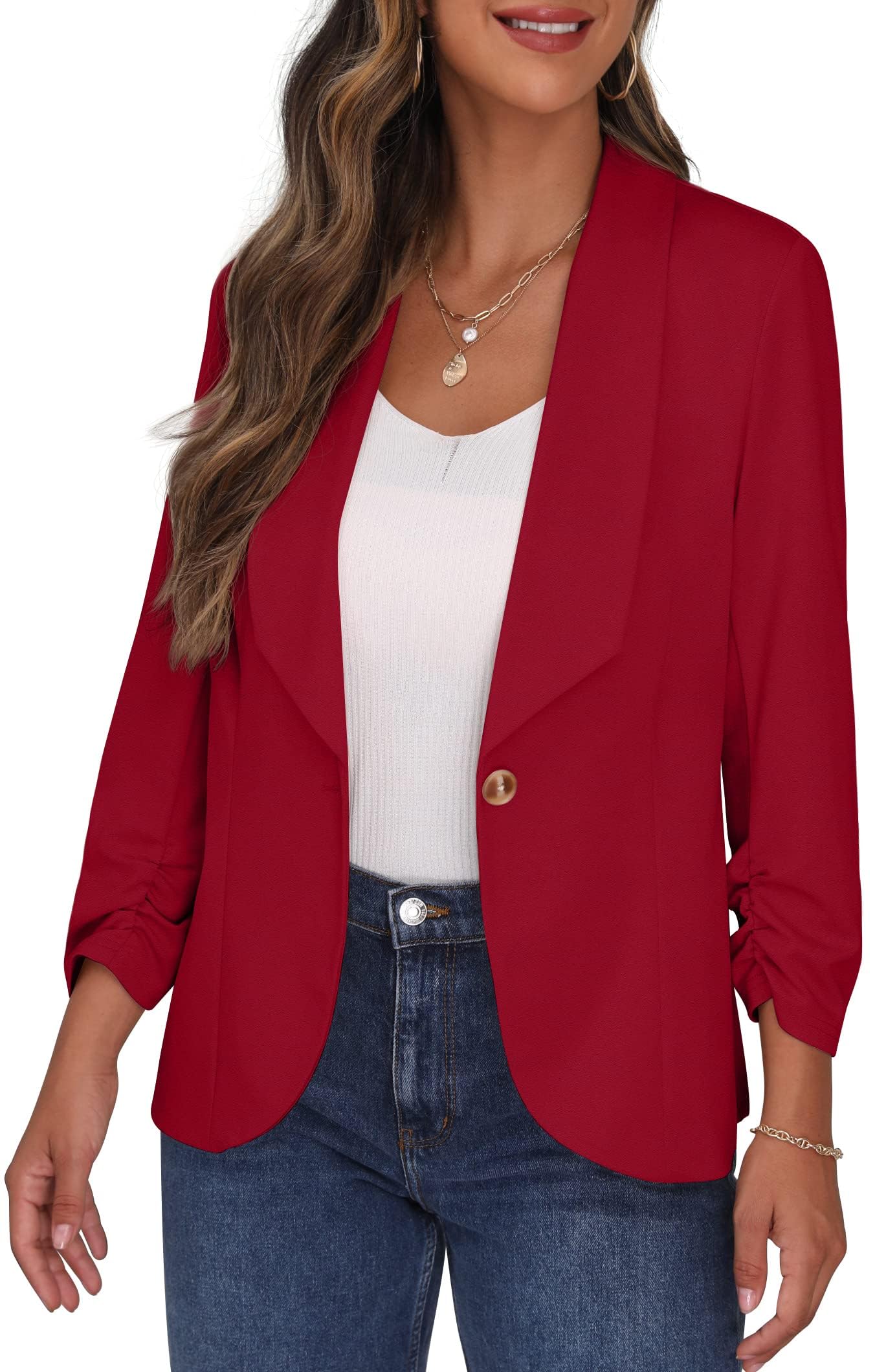 PrinStory Blazer per Le Donne 3/4 Increspato Maniche Blazer Negozio Ufficio Blazer Vestito Sportivo Jack Trench