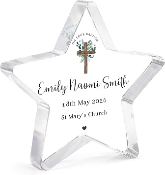 Beecreative Personalised Baptism Gifts For Girls - Custom Clear Acrylic Star Ornament - Baptism Day Presents For Adults - With Grey Gift Bag