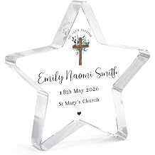 Beecreative Personalised Baptism Gifts For Girls - Custom Clear Acrylic Star Ornament - Baptism Day Presents For Adults - With Grey Gift Bag