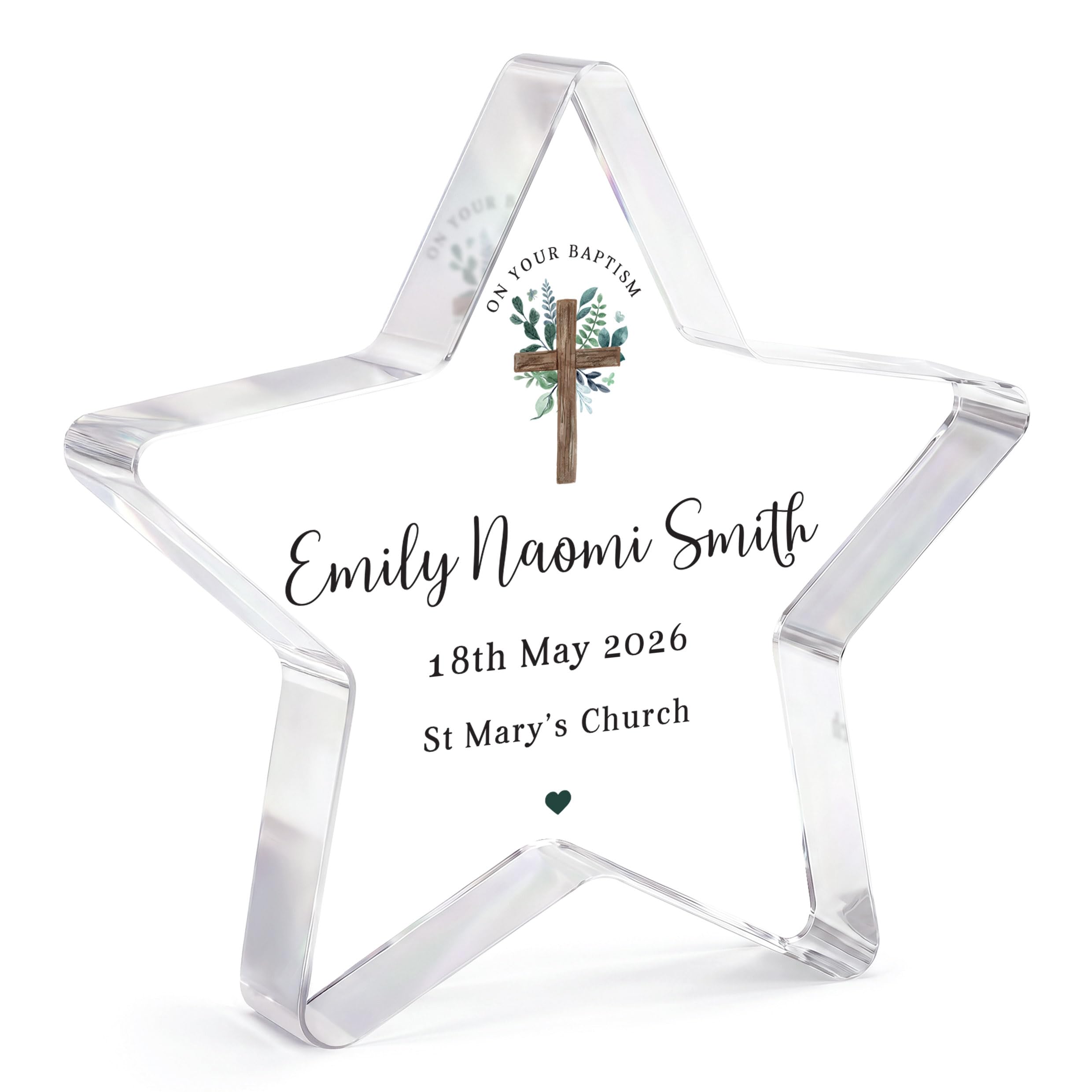 Beecreative Personalised Baptism Gifts For Girls - Custom Clear Acrylic Star Ornament - Baptism Day Presents For Adults - With Grey Gift Bag