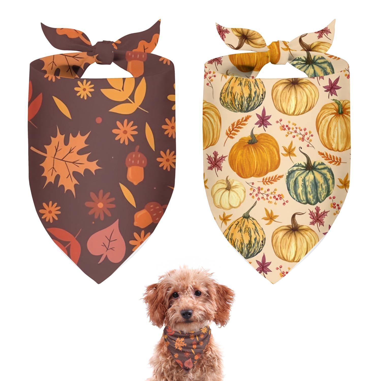 Cute Fall Dog Bandanas 2 Pack, Autumn Hello Fall Hey Pumpkin Maple Leaves Dog Scarf, Thanksgiving Handkerchief Scarves Gifts for Puppy Large Dogs