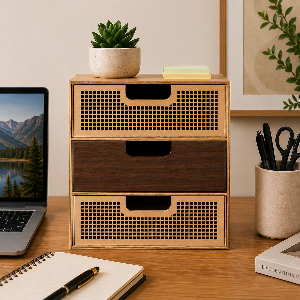 Wooden 3 Drawer Desk Organizer Multi-Purpose MDF Storage Cabinet with Cane Design Desktop Organizer for Office, Makeup & Accessories-picture-15