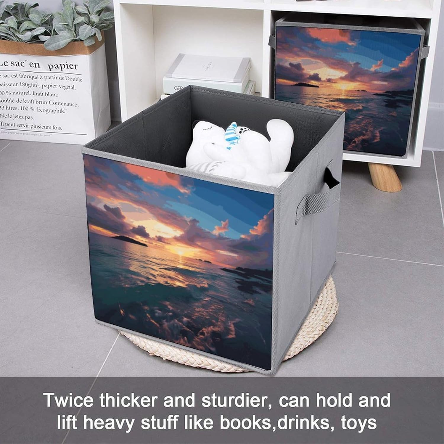 Ocean And Sunset Storage Cubes Set of 6 Storage Bins with Handles Collapsible Storage Basket Fabric Storage Box for Shelves Large Closet Shelf Organizer for Organization 11 Inch