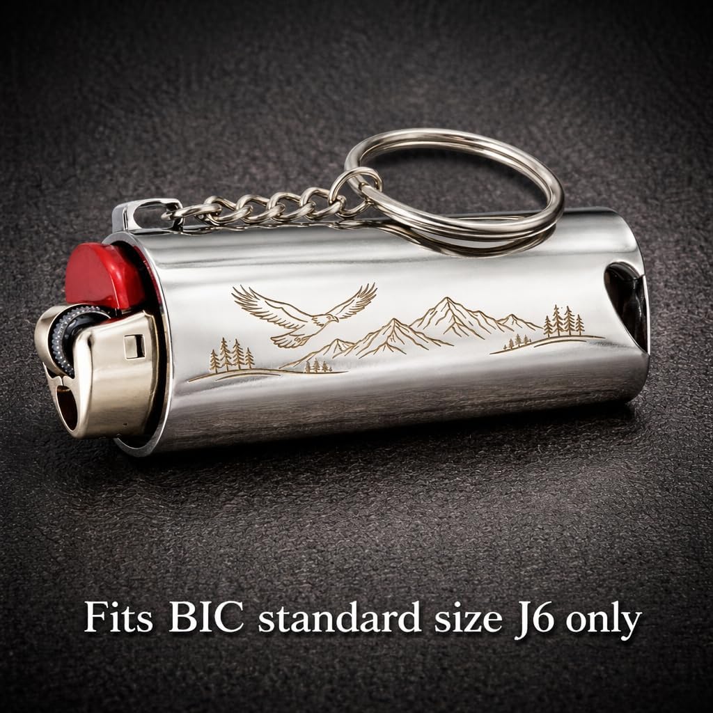 IN SELECT Laser Engraved Premium Solid Metal Lighter Case for BIC Standard J6, Keychain Cover with Built-in Bottle Opener, Durable EDC Accessory (Lighter Not Included) (Eagle & Mountin Edition)