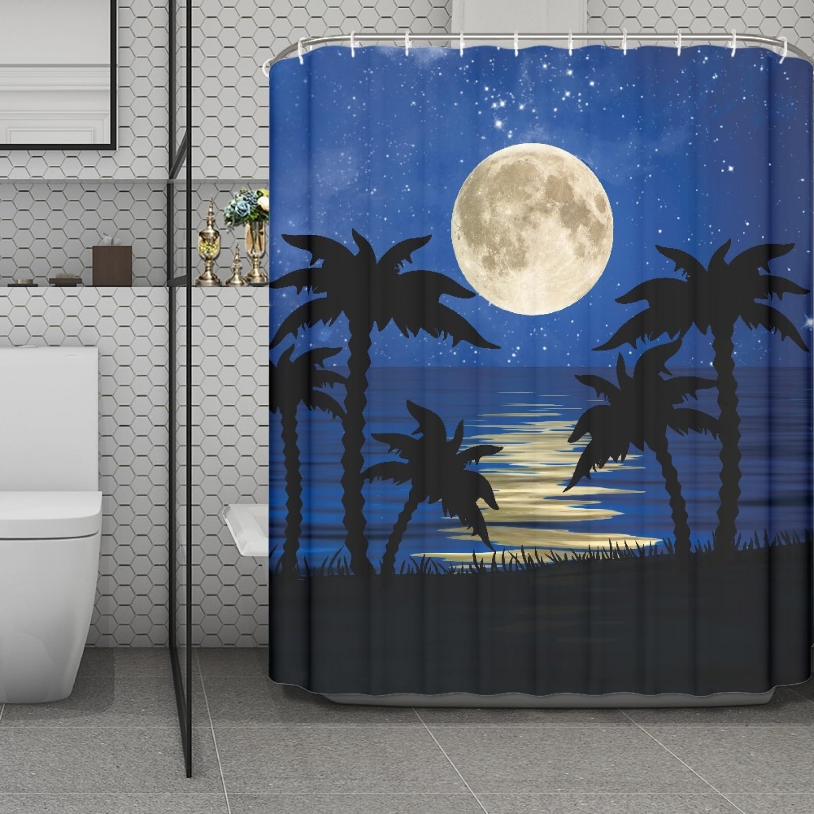 Rideau baignoire imperméable ciel bleu lune pour salle de bain zen