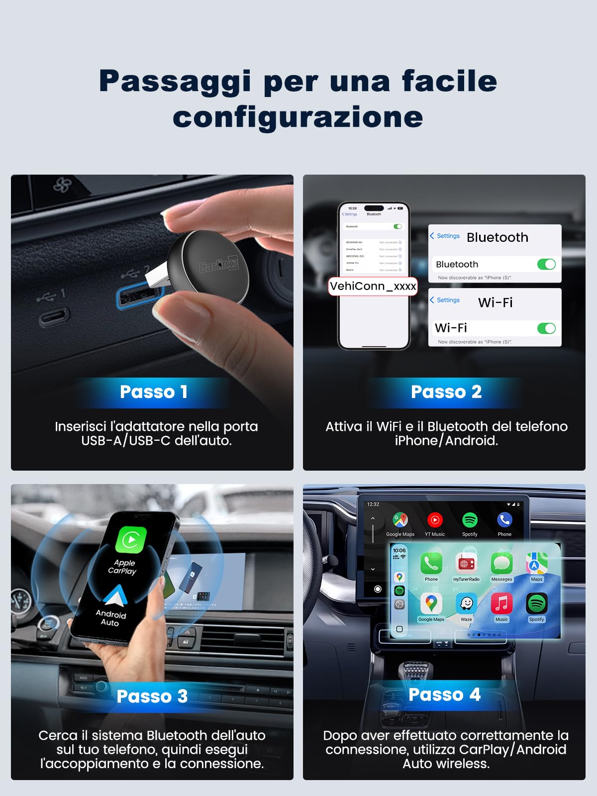 Carlinkit Mini Ultra Adattatore Wireless CarPlay & Android Auto, Converti il Sistema di Fabbrica da Cablato a Wireless, Connessione Rapida USB-A/USB-C per iOS 10+ & Android 11+, Plug & Play, Aggiornam