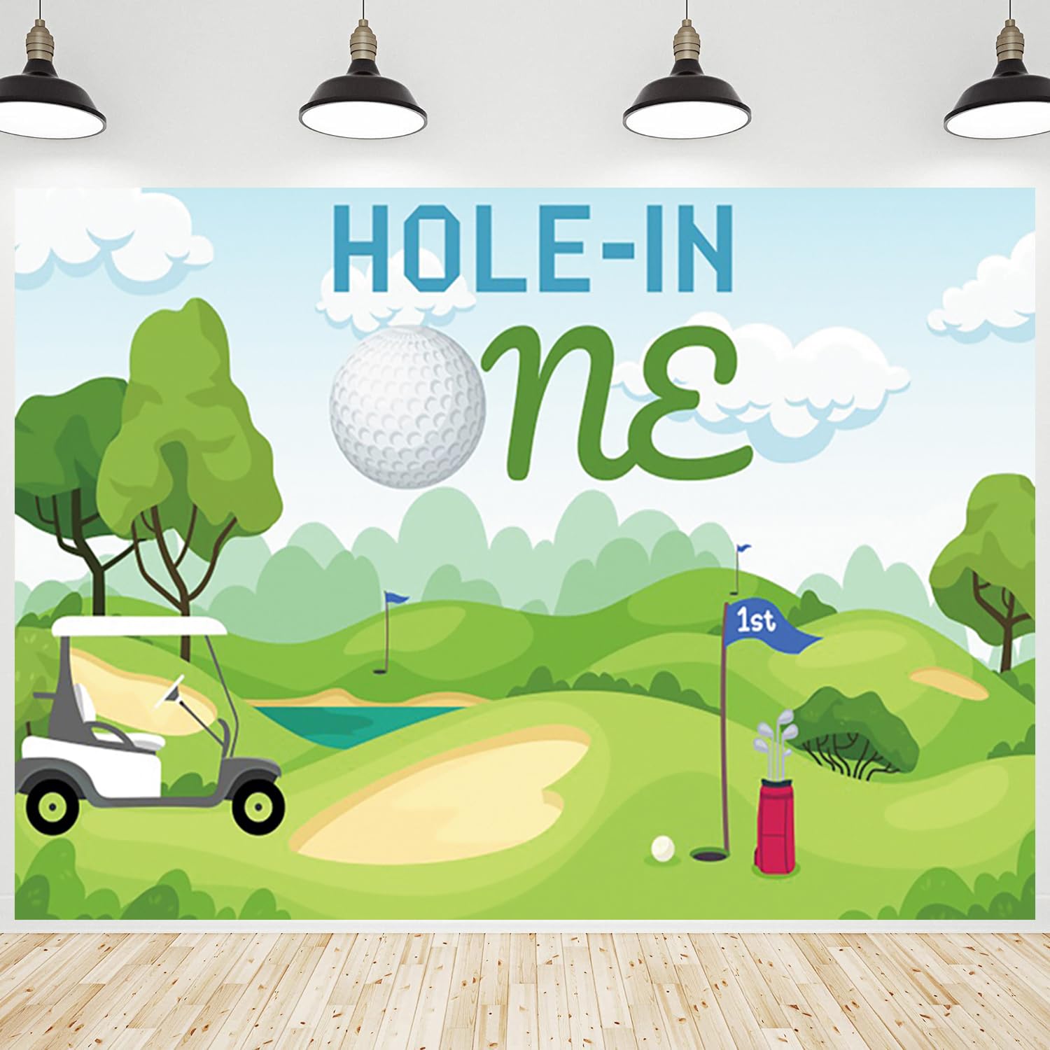 CRTPOD Hole in One 1st Birthday Backdrop Cartoon Blue Sky Clouds Grass Golf Birthday Photography Background for Boys Sports Theme Birthday Party Decorations Banner Photo Photobooth Props 7x5ft