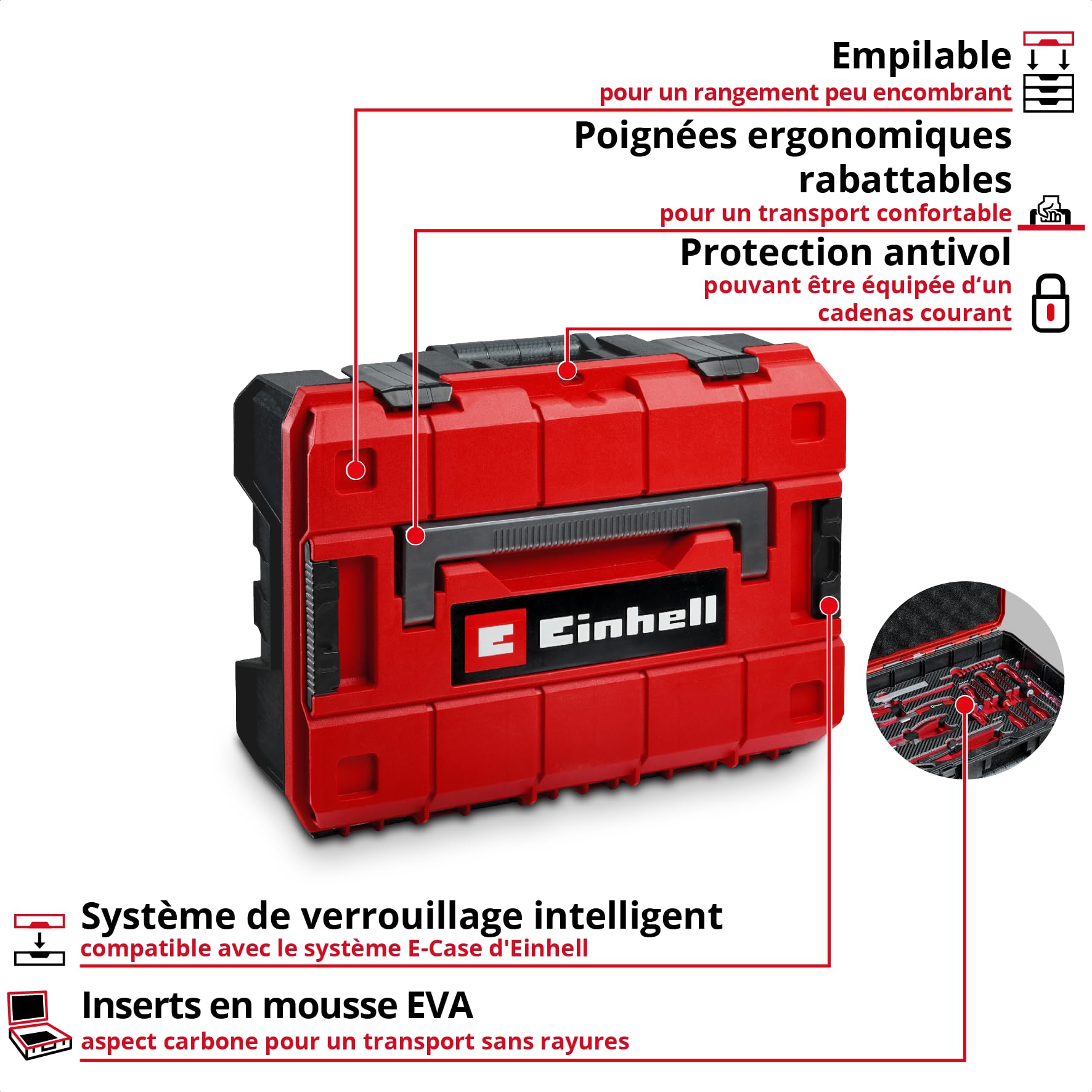 Original Einhell E-Case coffret à outils 92 pièces atelier (équipement atelier, douilles auto, accessoires d’embouts, jeu de douilles, cliquets réversibles, clés hexagonales, coffret système)