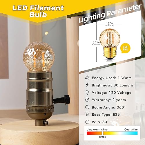 Miniatura 39 de Bombilla LED Edison G40 de bajo vatio, bombilla LED de 1 W, equivalente a 10 W, incandescente E26, base de tornillo, bombillas LED ultra cálidas