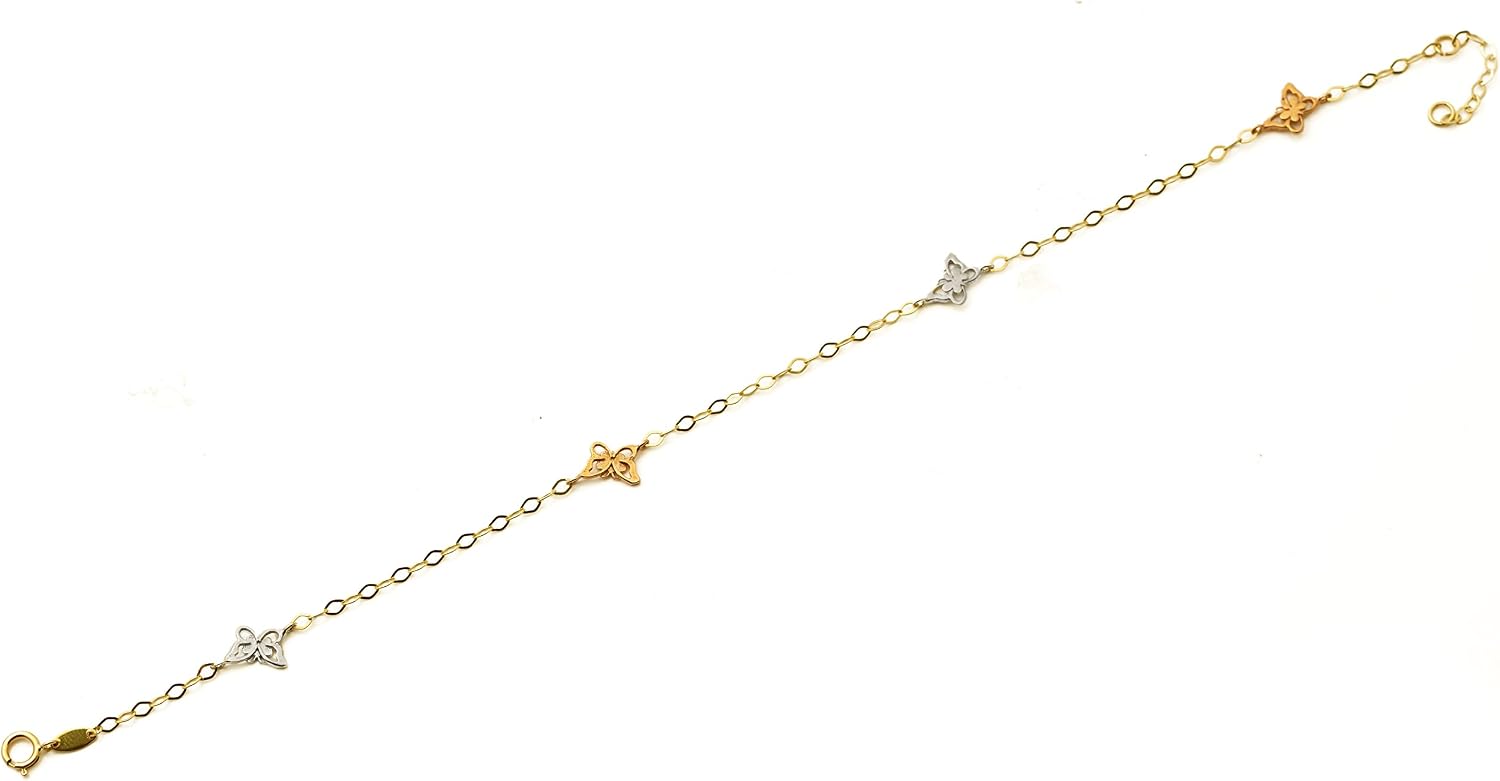 LoveBling 10K Yellow Gold 2mm Diamond Cut Rolo Chain with 4 Geometric Butterfly Charm Anklet Adjustable 9" to 10" (#55)